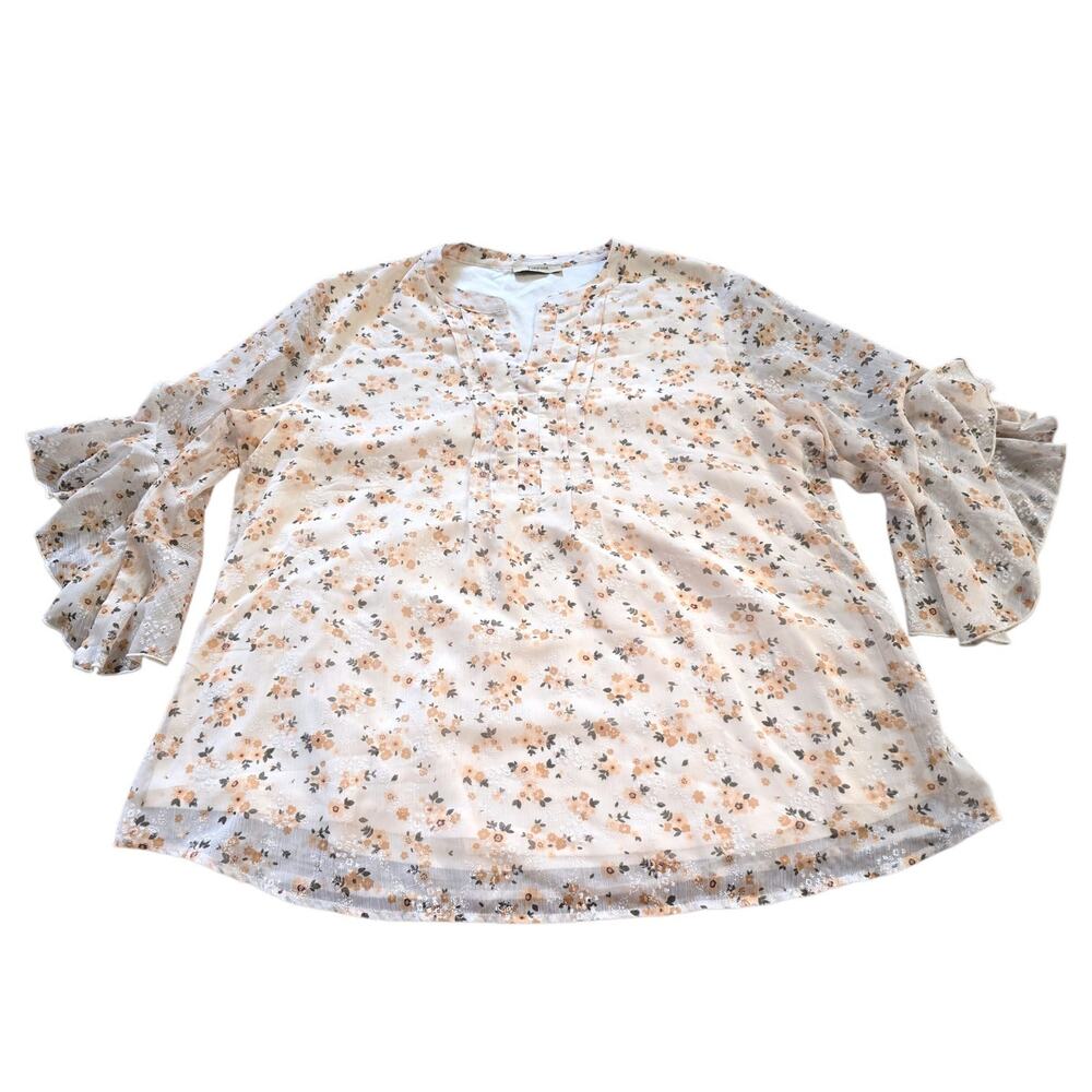 Timeson floral print V-neck 3/4 Sleeve Blouse SZ L ruffled chiffon sleeve